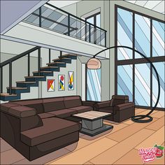 a drawing of a living room with couches and stairs