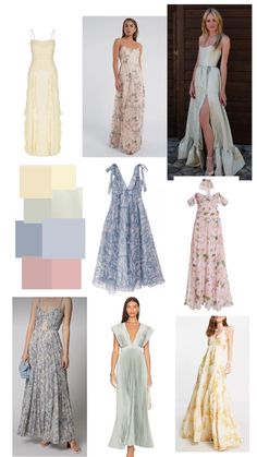 different dresses are shown in multiple colors