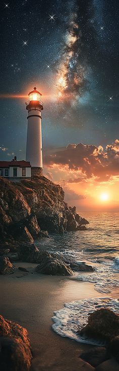 a lighthouse on top of a rocky cliff near the ocean at night with stars in the sky