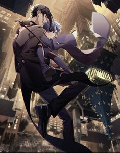 an anime character is flying through the air in front of a large cityscape