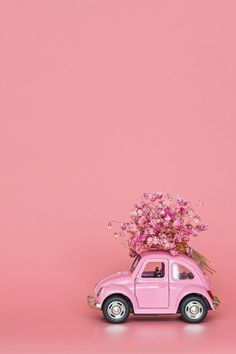 a pink toy car with flowers on the roof parked in front of a pink wall