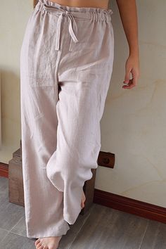 "Handmade wood rose soft linen Pajama pants for woman. Select size: XS Waist 66 - 68 cm. / (26\" - 26 3/4\") Hips 90 - 92 cm. / (35 1/2\" - 36 1/4\") S Waist 70 - 72 cm. / (27 3/4\" - 28 1/4\") Hips 94 - 96 cm. / (37\" - 37 3/4\") M Waist 74 - 76cm. / (29 1/4\" - 30\") Hips 98 - 100 cm. / (38 1/2\" - 39 1/4\") L Waist 78 - 80 cm. / (30 3/4\" - 31 1/2\") Hips 102 - 104 cm. / (40 1/4\" - 41\") XL Waist 82 - 84 cm. / (32 1/4\" - 33\") Hips 106 - 108 cm. / (41 3/4\" - 42 1/2\") XXL Waist 86-88 cm. / Fashion Over 50 Fifty Not Frumpy, Linen Pajamas, Pyjamas Womens, Linen Pants Women, Cotton Bottoms, Loose Pants, Linen Trousers, Linen Women, Cotton Pants