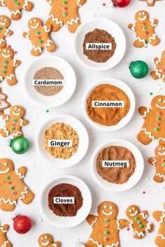 the ingredients for ginger cookies are arranged in small white bowls and labeled with words on them