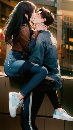 a man and woman kissing while sitting on top of each other in front of a building