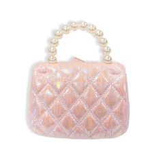 a pink handbag with pearls on the handle