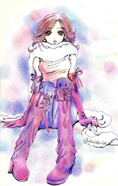 a drawing of a woman in purple boots