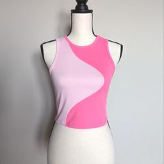 Light And Bright Pink Abstract Color Block Cropped Ribbed Tank Top Size M Has Great Stretch 95% Polyester 5% Spandex 15.5" Pit To Pit | 16" Long Pink Fitted Crew Neck Tank Top, Trendy High Stretch Pink Tank Top, Trendy Fitted Racerback Crop Top, Pink Fitted Crew Neck Crop Top, Trendy Fitted Sports Tank Top, Summer Workout Color Block Tops, Color Block Workout Tops For Summer, Pink High Stretch Elastane Tops, High Stretch Pink Casual Crop Top