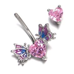 Product DetailsPink CZ Gem Hearts Butterflies Purple Double Mount Belly Ring Let love give you butterfly wings with this 14 gauge navel ring. It is made with a 3/8 inch 316L surgical grade stainless steel curved barbell. The top end features a pink cubic zirconia gem, shaped like a heart. The bottom end features a matching heart shaped pink cubic zirconia gem. It is flanked on either side with butterflies, with blue and purple inlaid wings. You will feel ready to fly away with this heart and but Purple Belly Ring, Amethyst Belly Button Piercing, Cheap Nickel-free Pink Belly Rings, Heart-shaped Pink Belly Rings For Gift, Cheap Heart-shaped Belly Rings For Valentine's Day, Body Jewerly, Belly Piercing Ring, Belly Piercing Jewelry, Belly Piercing