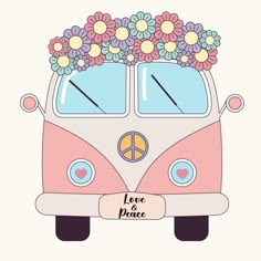 a vw bus with flowers on top and the words love peace written below it