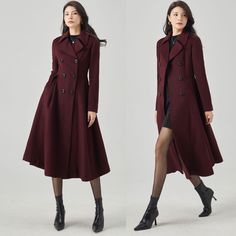 ★★ Welcome to my Ylistyle's shop！！！ This burgundy long wool coat, features a waist-cinching design to perfectly show off your figure.  Wear it in autumn and winter to keep you warm and comfortable. Made of high-quality fabric, giving you a good touch and very comfortable to wear. ★★FEATURES 50% wool, 50% fiber nylon polyester Polyester lining Two Side pockets Buttons closure Long wool coat Fit and flare coat Vintage wool coat Princess coat Oevrcoat For autumn & winter Dry clean More color        https://rb.gy/5h4pol ★★ The model's height approx 170 cm (5′ 7″) with the 84 cm (33") bust, 66 cm (26") waist. She is wearing the wool coat in size XS (US2) ★★ Please select custom order according to the follow situation Can't find your size Your height is over 175cm Your weight is over 75kg Reques Burgundy Winter Outerwear With Buttons, Burgundy Winter Formal Outerwear, Burgundy Single-breasted Winter Outerwear, Formal Burgundy Outerwear With Buttons, Burgundy Long Coat For Winter, Purple Winter Business Outerwear, Winter Purple Business Outerwear, Purple Business Outerwear For Winter, Burgundy Lapel Collar Outerwear For Fall