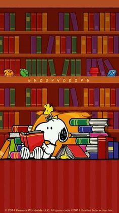 a cartoon dog reading a book in front of a bookshelf full of books