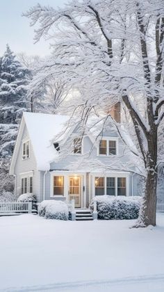 a white house covered in snow next to a tree