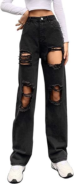 Baggy Ripped Jeans for Teen Girls Women High Waisted Wide Leg Straight Denim Streetwear Fashion Pants (Black, Small) Streetwear Fashion Pants, Ripped Boyfriend Jeans, Baggy Cargo Pants, Jeans High Waist, Baggy Denim, Black Ripped Jeans