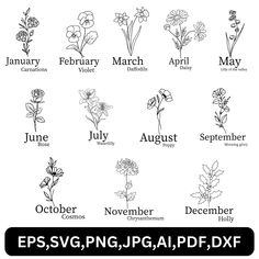 months of the year with flowers in black and white