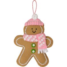 a ginger ornament with a pink hat, scarf and mitten on it