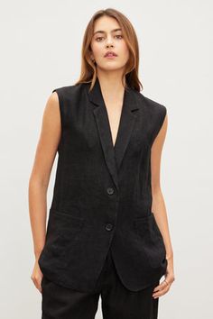 BETHAN HEAVY LINEN SLEEVELESS BLAZER Tailored Sleeveless Blazer With Pockets, Sleeveless Tailored Blazer With Pockets, Sleeveless Blazer With Pockets For Work, Casual Sleeveless Vest Blazer, Chic Lapel Collar Vest For Workwear, Sleeveless Blazer For Spring, Business Casual, Sleeveless Blazer For Business Casual In Spring, Sleeveless Blazer For Spring Business Casual, Sleeveless Blazer For Business Casual, Spring