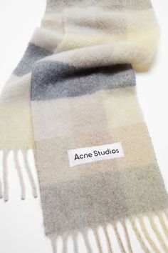 Checked scarf is made of a soft mohair blend with fringed ends. Detailed with an Acne Studios embroidered logo. Crafted from carefully selected material known for its soft and hairy fibres. FN-UX-SCAR000115 Acne Scarf, Acne Studios Scarf, Acne Studio, Dark Romantic, Checked Scarf, Studio Logo, Winter Aesthetic, Custom Embroidery, School Outfit