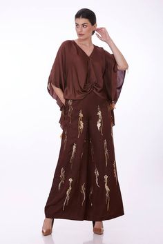 Chocolate brown draped kaftan in blended satin base with V neckline. - Aza Fashions Draped Kaftan, Kaftan For Women, V Neckline, Aza Fashion, Chocolate Brown, Satin, V Neck, For Women