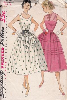 "Vintage 50's Simplicity 4342 sewing pattern. Envelope is in poor condition with pattern uncut. Ladies full skirt dress with either scoop neckline or sheer bodice. Size 11 Bust 29\" Waist 24 1/2\" Hips 32\" 2.0" Vintage Woman Illustration, 50s Patterns, Vintage 50s Fashion, Retro A-line Dress With Vintage Pattern, 1950s Housewife Fashion, 1950s Style Vintage Pattern Spring Dresses, 1950 Skirt Pattern, Vintage 50s Walkaway Full Skirt Dress Pattern, Sewing Patterns 1950 Voge