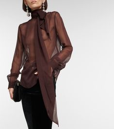 Find SAINT LAURENT Silk Crêpe Muslin Blouse on Editorialist. Made in Italy. Material: 100% silk. Care instructions: dry clean. Designer color name: Dark Brown. Closure: button fastening. Muslin Blouse, Name Dark, Silk Crepe, Fashion Books, 1 800, Sheer Blouse, Dark Brown, Classic Style, Color Design