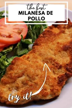 a plate with some food on it and the words in spanish above it that read, the best milanesa de poloo try at