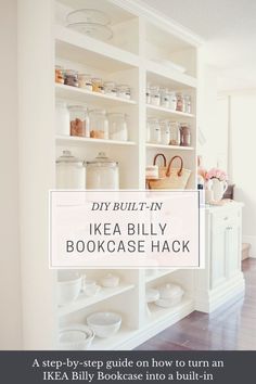 an ikea billy bookcase hack with text overlay that reads diy built - in ikea billy bookcase hack