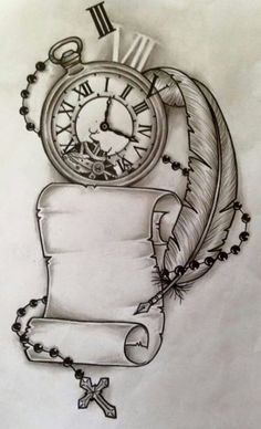 a drawing of a scroll with a clock on it and an ink pen next to it