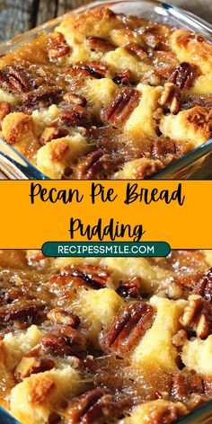 pecan pie bread pudding in a glass baking dish