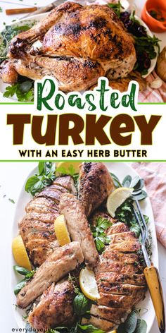 roasted turkey with an easy herb butter recipe on the side is shown in this postcard