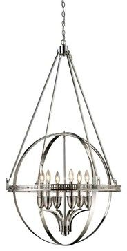 a chandelier with six lights hanging from it's center point and circular metal frame