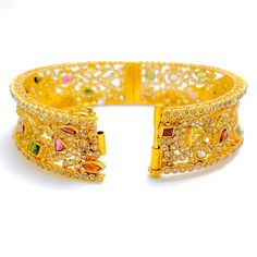 PRODUCT DETAILS Gold Purity(karat): 22k Item Weight(grams): 46.7 Item Finish: Yellow Gold Stone: Polki Diamond Diamond Weight(carats): 10.55ct Accented Stone: Tourmaline Stone Weight: 6.44ct Bangle Size: 2.4 Bangle Opening: 2.25" Openable: Yes, Hinge w/ Screw Elegant Gold Bangle With Multi-stone Details, Elegant Gold Bangle With Multi-stone, Yellow Gold Multi-stone Bangle For Wedding, Yellow Gold Multi-stone Wedding Bangle, Luxury Gold Cuff Bracelet With Multi-stones, Luxury Gold Multi-stone Cuff Bracelet, Traditional Gold Cuff Bracelet With Gemstone, 22k Gold Bangles, Yellow Gold Bangle