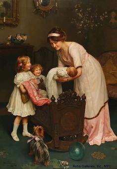 a painting of a woman holding a baby and two small children standing next to it