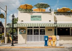 an outside view of a restaurant with umbrellas