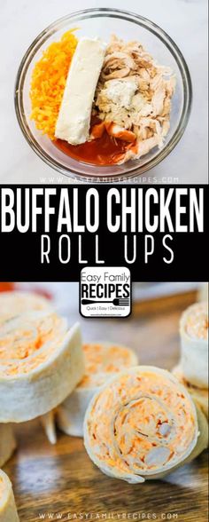 buffalo chicken rolls with cheese on top and in the background text reads buffalo chicken rolls