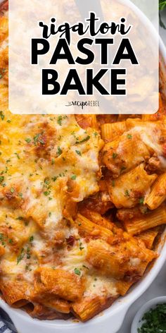 Say hello to the BEST Rigatoni Pasta Bake! Served with a seasoned meat sauce under a coating of cheesy goodness, this pasta casserole is such yummy comfort food. Give this hearty dinner recipe a try! Baked Rigatoni Recipe Ricotta, Fettuccini Bake, Rigati-pasta Recipe, Fun Pasta Recipes, Oven Baked Pasta Recipes, Pasta Ideas For Dinner, Pasta For A Crowd, Rigatoni Pasta Bake, Rigatoni Bolognese Recipe