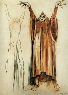 a drawing of two men with arms outstretched in front of one man holding his hands up