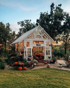 a small white house with lots of plants and pumpkins