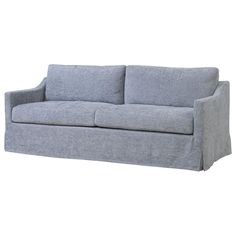 a gray couch with two pillows on it's back and one arm folded up