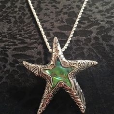 This Pendant Is 2.0 Inches By 2.0 Inches And Comes With A 22-Inch Sterling Silver Rope Chain. The Earrings Are 1.0 Inches All Around And Have A Drop-Down Length Of 1.5 Inches. Http://Www.Venicebytheseajewelry.Com/ All My Pieces Have A .925 Sterling Silver Stamp On Them 5-Star Rating- On Etsy With Products, Customer Service, Shipping, And Customer Responses. Check Us Out At Pinterest-Venice By The Sea Jewelry 1 Unique Star-shaped Sterling Silver Jewelry, Unique Sterling Silver Star Jewelry, Handmade Green Starfish Jewelry, Handmade Green Starfish-shaped Jewelry, Green Starfish Charm Jewelry As Gift, Bohemian Silver Necklace With Starfish Charm, Nickel-free Star-shaped Ocean-inspired Jewelry, Silver Starfish Charm Pendant Jewelry, Bohemian Silver Jewelry With Starfish Charm