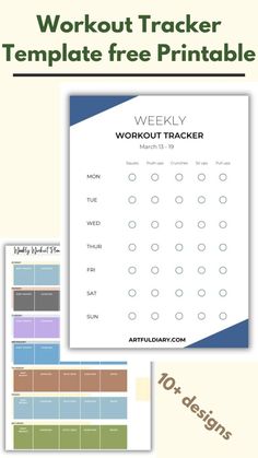 the workout tracker worksheet is shown in three different colors and sizes, including one with