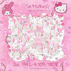 a pink hello kitty map with hearts and flowers on the bottom right hand corner,