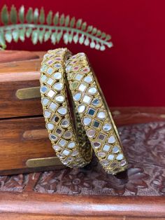 Brass base antique platted mirror bangles. pachili style comes is a set of 2 Mirror Bangles, Sara Clothes, Bangles Design, Bangle Designs, Mirror Work, Wrap Bracelet, Bangles, Brass, Festival