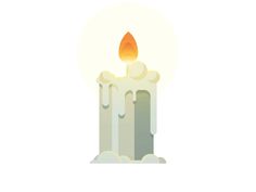 a white candle with a yellow flame on it's side and clouds around it