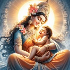 a painting of a mother holding her child in her arms with the sun shining behind her