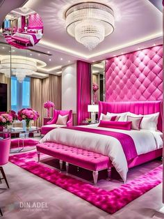 a bedroom decorated in pink and white with chandelier