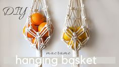 two macrame bags with oranges and lemons in them