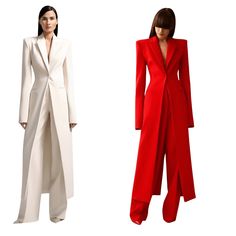 Elevate your style and make a statement of elegance with the Formal Women's Pant Suit Set. Designed for the modern and sophisticated woman, this stunning ensemble will command attention and exude confidence wherever you go. Crafted with exceptional craftsmanship and attention to detail, the tailored long blazer offers a sleek and professional silhouette, while the matching pants provide a comfortable and slimming fit. Made from premium quality fabric, this suit set is not only fashionable but also durable, ensuring long-lasting wear. Whether you're attending an important meeting, a formal event, or a job interview, this suit set is guaranteed to leave a lasting impression. Pair it with your favorite Drestiny heels and accessories to complete the look. Step into the boardroom with style and Chic Full Length Suits For Fall, Chic Full Length Fall Suits, Chic Full-length Fall Suits, Structured Fitted Pantsuit For Party, Elegant Structured Pantsuit For Party, Chic Structured Party Suits, Chic Red Semi-formal Suit, Elegant Full-length Fall Suits, Chic Red Long Sleeve Suits