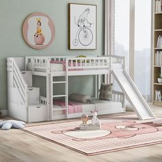 a child's bedroom with bunk beds and a slide in the corner, on top of a rug