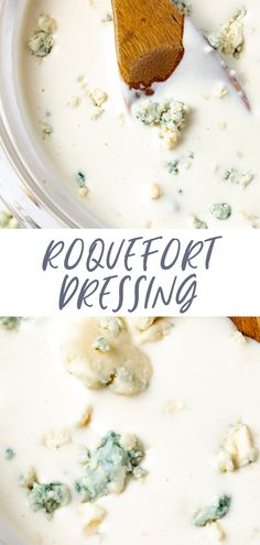 a wooden spoon in a bowl filled with cream and blue cheese dressing next to the words recipefort pressing