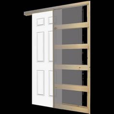 an open door with shelves in front of it on a black background that appears to be made out of wood